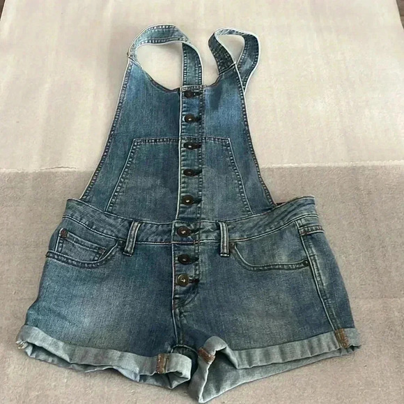 [W25]Free People WMN Denim Overalls Bibs Shorts  Romper Open Back - Picture 1 of 6